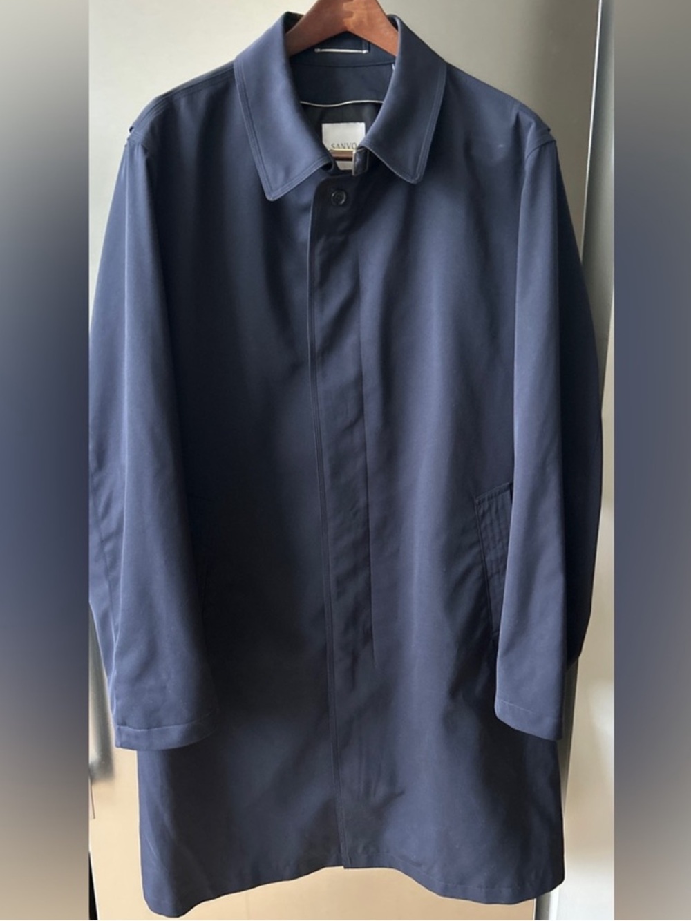 Sanyo Men’s Navy Raincoat Car Coat Hidden Placket Throat Latch